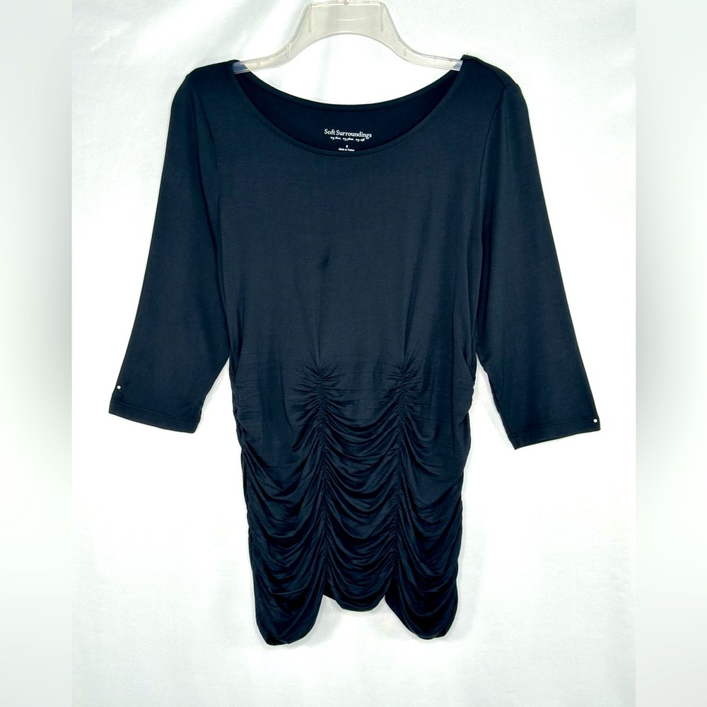 Soft Surroundings Black Ruched Top 3/4 Sleeves Scoop neck Whimsigoth Vampy Sz S‎